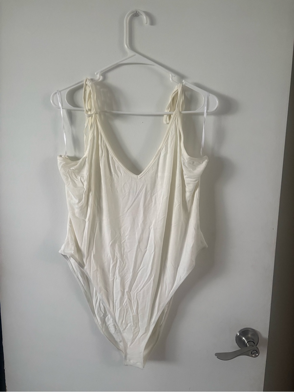 SHEIN Cream Tie-Shoulder V-Neck Bodysuit